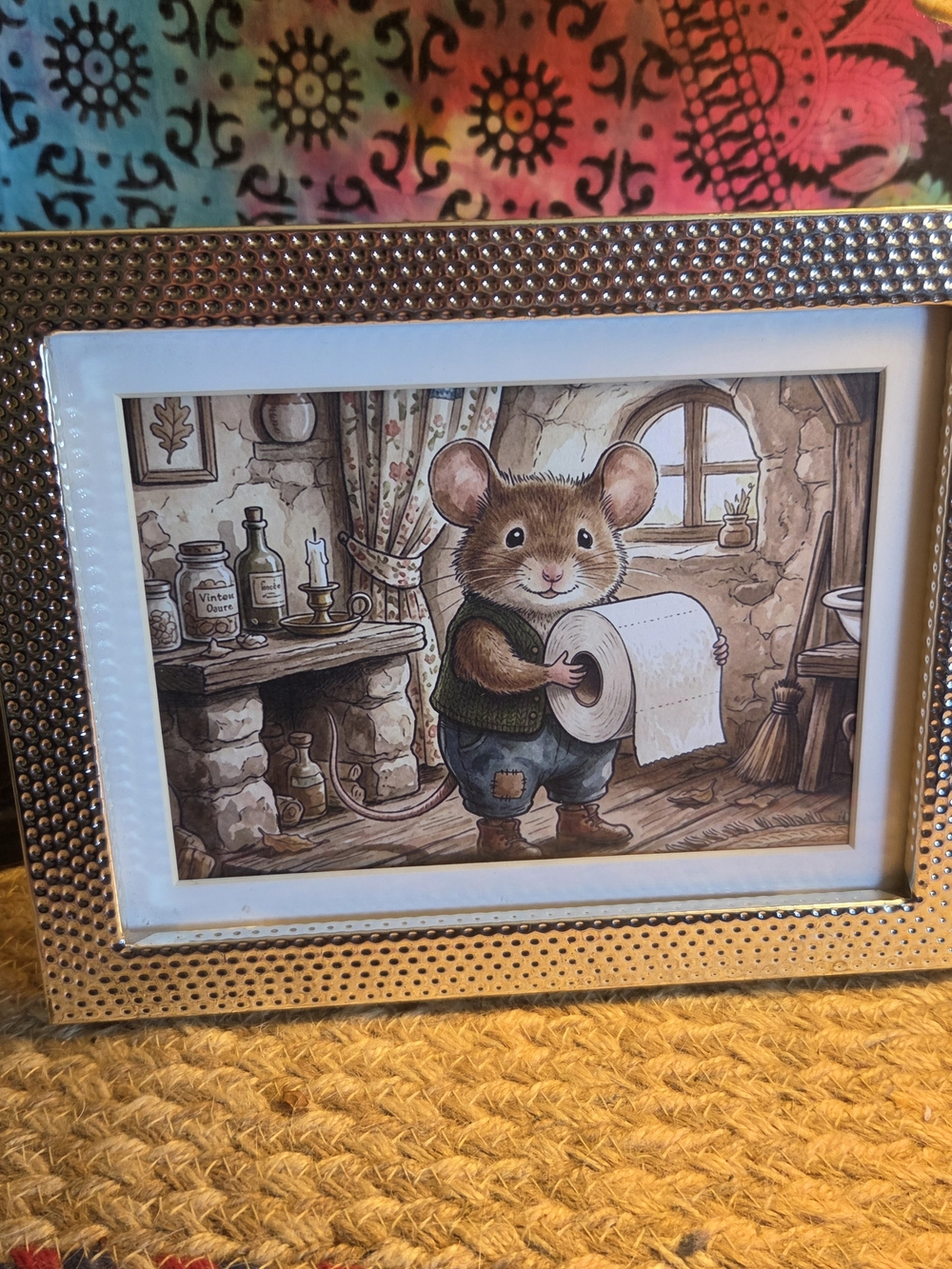 Mouse with Toilet paper Roll Framed - Bathroom Decor Art Print